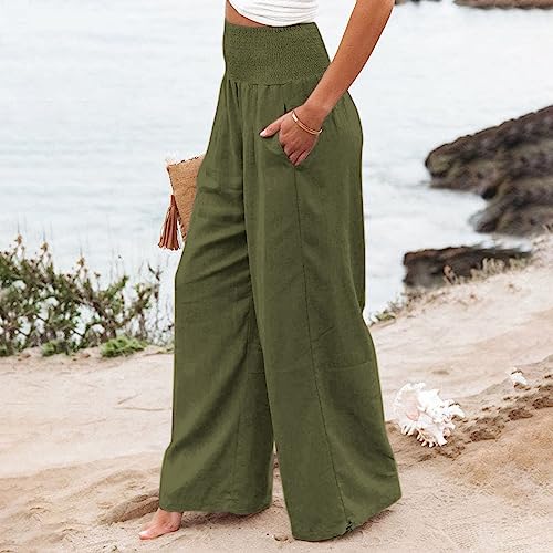 Womens Cotton High Waist Pants Casual Elastic Band Solid Loose Wide Leg Pants Breathable Lounge Pants with Pockets2