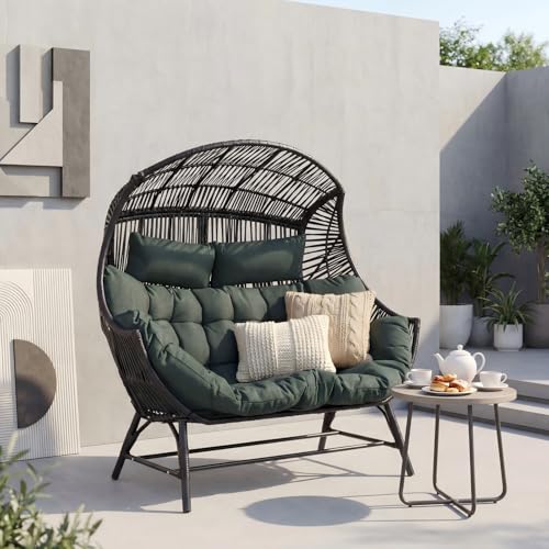 IRONCK 2 Person Egg Chair Indoor Outdoor, Double Lounge Chair, Update Frame, Cushions and Headrests, 700 lbs Egg Loveseat for Garden, Porch, Living Room, Dark Green