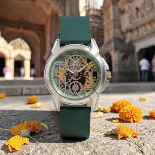 Image of Shree Ram Skeleton Watch, Ayodhya Mandir Theme, Mechanical Look Quartz, Stainless Steel Metal Bracelet, Round Dial with Deity Engraving for Man and Boyes