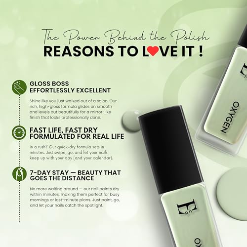 Image of Ellement Co Oxygen Nail Paint 10 ML | Pastel Green Nail Colour with Glossy Finish | Long Lasting & Chip Resistant Formula | Smooth Professional Application | Vegan, Non-Toxic & Paraben Free Nail Polish for Fresh, Minimal & Summer Styling