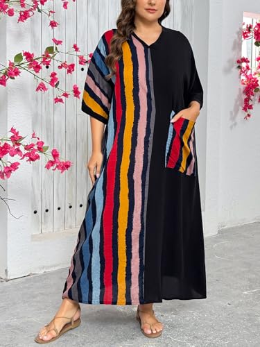 Image of Women Plus Size Dress Black and Color Stripes Patchwork Summer Casual V Neck Short Sleeves Long Dresses with Pockets
