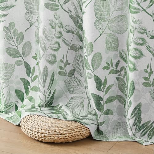 Image of Green Leaf Light Filtering Window Curtains, 55 inch Wx84 Lx2 | Leaves Botanical Pattern, Linen Blend Semi Sheer Panels, Grommet Top, Natural Texture Privacy Drapes for Living Room Bedroom