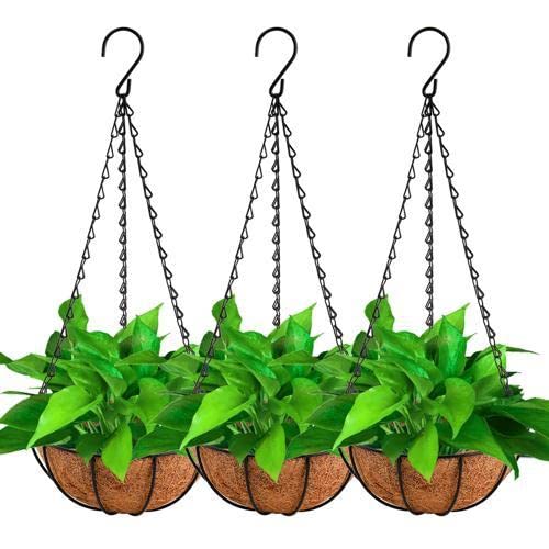 Tebery Lot de 3 pots de fleurs à suspendre en métal avec doublure en fibre de coco, 20 cm en fil métallique à suspendre pour décoration d'intérieur ou d'extérieur