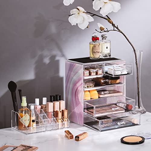 Image of Sorbus Acrylic Makeup Organizer Set, 6-Drawer Vanity & Countertop Cosmetic Storage with Small & Wide Compartments, Tie Dye Makeup Storage for Brushes, Jewelry - Holiday Gift for Women & Teens