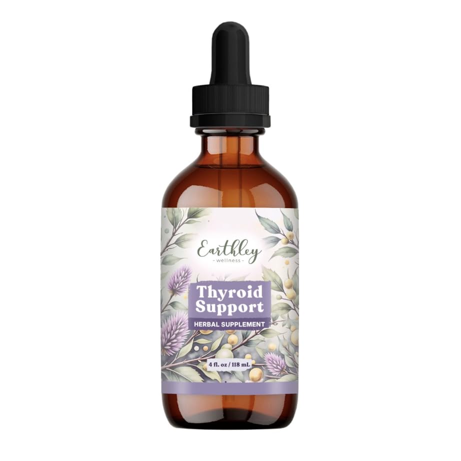 Earthley Wellness Thyroid Support Tincture, Organic Herbal Supplement for Thyroid Health, Hormonal Balance & Immune Support, Ashwagandha, Milk Thistle, Amla Berry, Licorice & Brahmi (4oz, 240+ doses)