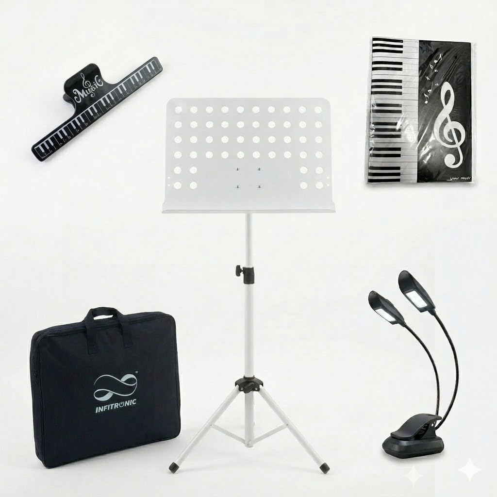 Infitronic INNPWSET01 – Atril de orquesta blanco – Atril estable regulable en altura (90 – 150 cm) con bandeja perforada + bolsa de transporte+luz para atril + partituras