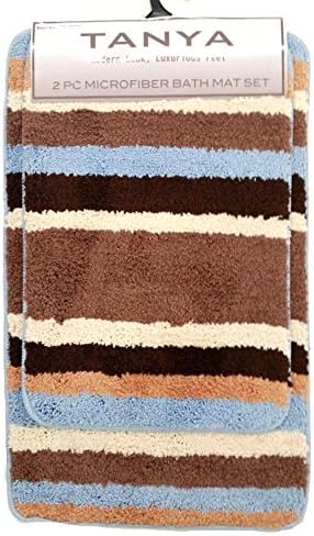 Tanya 2-Pc Striped Colorful Bathroom Rug Set Soft Microfiber Bath - Blue & Brown