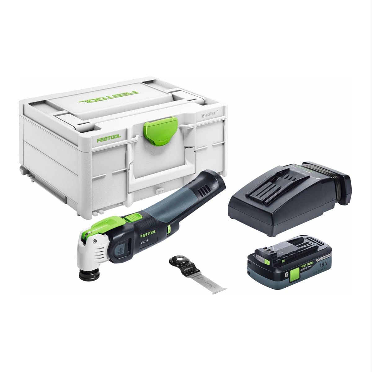 Festool Multiherramienta Oscilante OSC 18 VECTURO sin Cable, 18 V | Incluye batería de 4,0 Ah, cargador rápido TCL 6, hoja de sierra universal StarlockMax, 18 V, Bluetooth