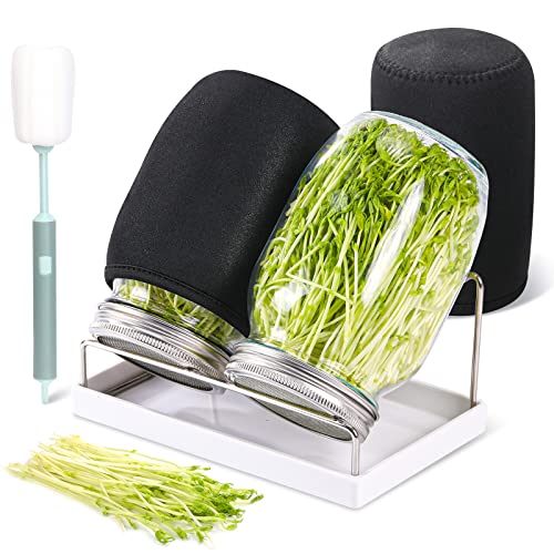 Sprouting Jar Kit 2Pcs Large Wide Mouth Mason Jars With Screen Sprout Lid ,Sprouting Jar Stand,Tray,Blackout Sleeves,Brush-Seed Sprouting Kit For Growing Mung Beans,Broccoli And So On #TOP7