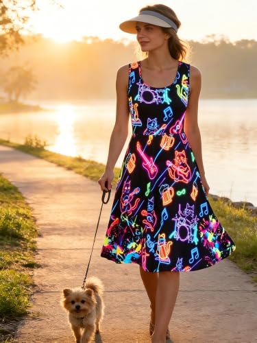 Image of uideazone Women Funny Print Sleeveless U Neck A Line Casual Midi Dress | Soft Stretchy Breathable Fabric Flared Swing Sundress Fitted Waist for Daily Wear 80 /90s Themed Party Beach Vacation Trips