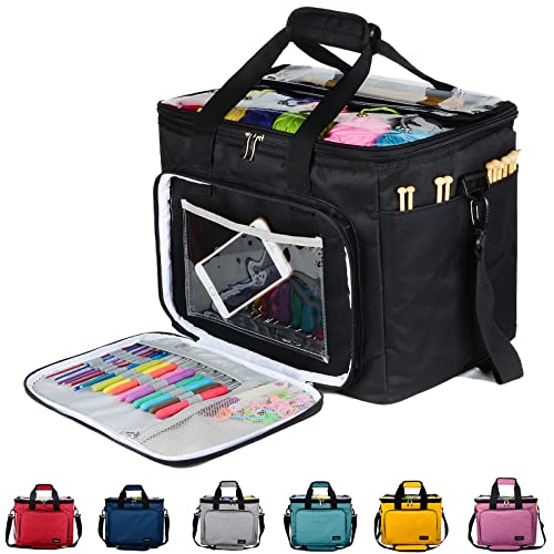 Knitting Bag for Yarn Storage, Hoshin Portable Crochet Tote Bag Yarn Organizer for Crochet Patterns and Hooks, Needles, Skeins of Yarn-Enjoy Knitting/Crocheting Anywhere(Black)