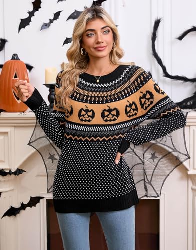 Women's Vintage Fair Isle Pullover Sweater Casual Fit Dressy Crewneck Long Sleeve Lightweight Knit Tops