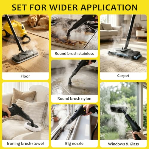 Image of 300F Steam Cleaner for Home, 4.5 Bar, With 21 Accessories | Floor, Window, Oven, Grout, Furniture| Kitchen, Bathroom| 1.5L Tank| 5M Power Cord| Steamer Cleaning| Safety Lock| Yellow