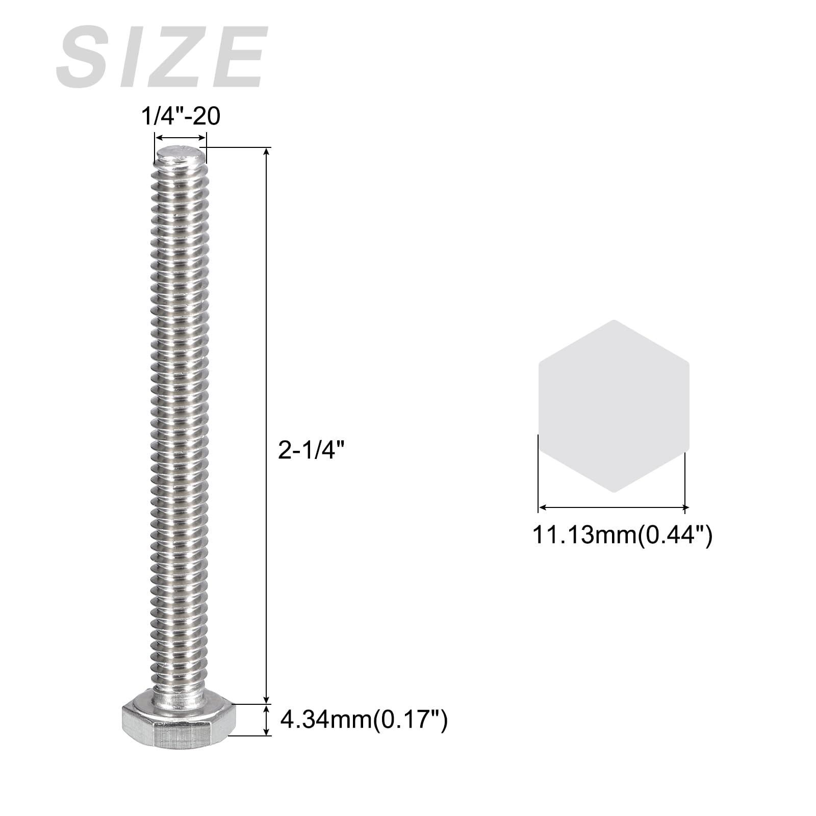 METALLIXITY Hex Head Bolts (1/4-20 x 2-1/4") 20Pcs, 304 Stainless Steel 18-8, Fully Threaded, External Hex Drive - Image 2