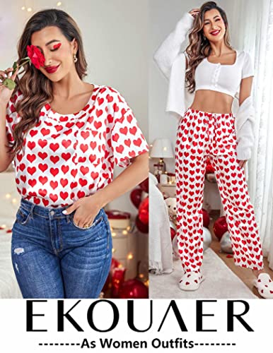 Image of Ekouaer Womens Satin Silky Pajama Set Short Sleeve Shirt with Long Pajama Pant Set Soft PJ Loungewear