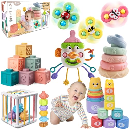 Image of ELLECK Baby Toys 6-12 Months, Montessori Toys for Toddlers 1-3 Year Old, Busy Cube Teether Infants Bath 6 in 1 Stacking Blocks Rings, Suction Cup Spinner, Shape Bin Sensory (0035)