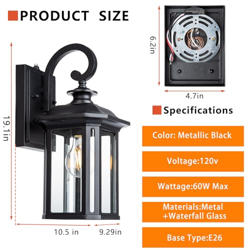 Image of JYZ Dusk to Dawn Outdoor Wall Lighting, 19 Inch Large Exterior Porch Light Fixture, Waterproof Outdoor Wall Mount Lantern, Classic Black Sconce Lamp Outside for House Doorway Garage Patio Yard
