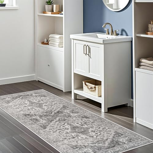 Living Room 2x5 Runner Rug - Boho Rugs for Living Room Stain Resistant Carpet Vintage Tribal Rugs for Bedroom Kitchen Bathroom with Non Slip Backing Home Decor Floor Decoration Mat 2x5 Grey/White