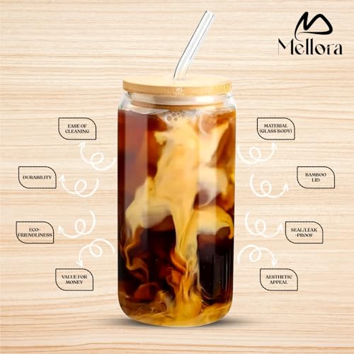 Image of MELLORA Can Shape Tumbler Glass with Straw & Wooden Lid | Leak-Proof, Portable | Ideal for Hot /Cold Coffee, Juice, Drinks | Travel-Friendly, Stylish Mug Sipper | Transparent - 540ml