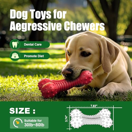 Image of Dog Toys for Aggressive Chewers, Dog Chew Toys for Medium Large Dogs, Durable Natural Rubber Dog Toys with Bacon Flavor, Indestructible Dog Toy, Red