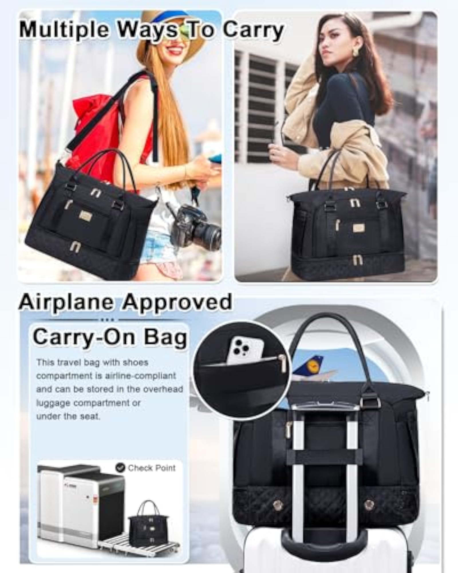 Women's Large Travel Duffel Bag with Shoe Compartment
