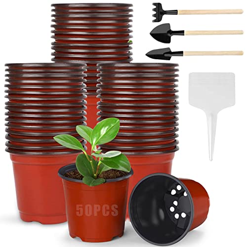 50 Pièces Pépinière Pots, 15CM Petit Pot de Fleur Plastique, Réutilisables Pot semis Godets Semis, Plantes en Plastique avec 10 étiquettes de Plantes et 3 Outils de Jardinage Cover