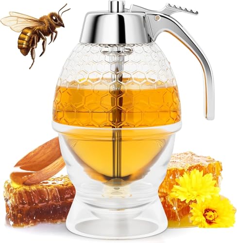 Honey Dispenser No Drip Glass 8 oz with Plastic Top, Beautiful Honeycomb Shaped Honey Jar with Stand - 6" Clear Container, Honey Pot, Maple Syrup Dispenser, Perfect Bee Decoration for Home Kitchen