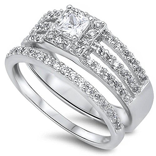 Oxford Diamond Co Princess Cut 2 Ring Wedding Bridal Set .925 Sterling Silver Ring Size 5