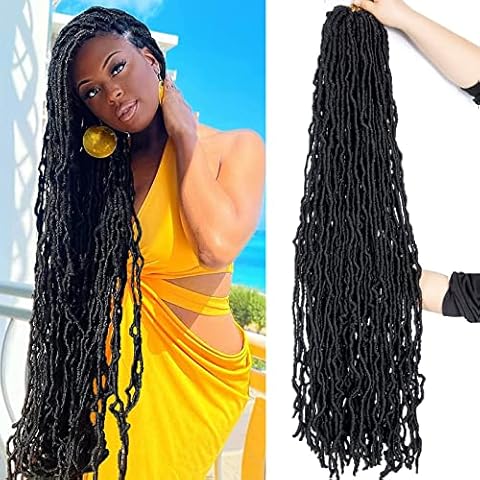 36 Inch 6Packs New Soft Locs Crochet Hair Pre Looped Super Long Faux Locs Crochet Braids Curly Wavy Goddess Locs Dreadlocs Synthetic Hair For Black Women (36 inch, 1B) Cover