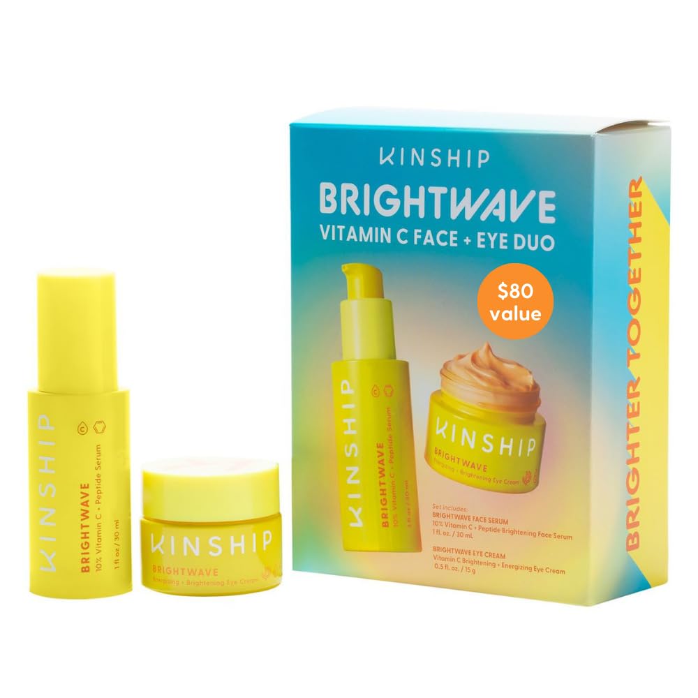 KinshipBrightwave Vitamin C Face + Eye Duo - 10% Vitamin C Serum (1 Fl Oz) + Brightening Eye Cream (0.5 Oz) | Fade Dark Spots - Reduce Fine Lines, Wrinkles, Dark Circles + Puffiness - All Skin Types