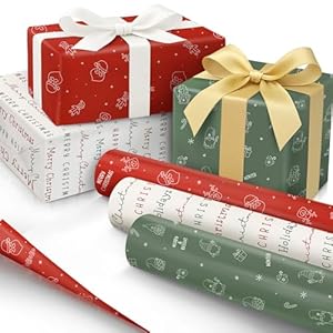 BrightenKidz Juego de 3 rollos de papel de regalo de Navidad, papel de regalo para regalos pequeños y medianos, diseños clásicos estéticos, elegantes y bonitos, envoltura de regalo de vacaciones, 17 x