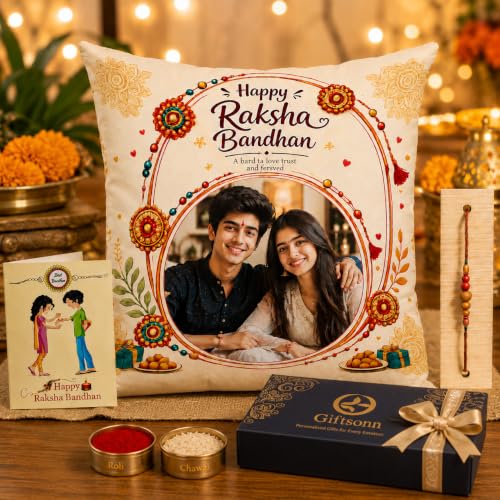 Image of Personalized Photo Pillow 12x12 Inch Cushion with Cover & Filler - Custom Gift for Birthday, Anniversary, Couple, Girlfriend, Boyfriend, Husband, Wife, Friends. (RakhiPilow-02)