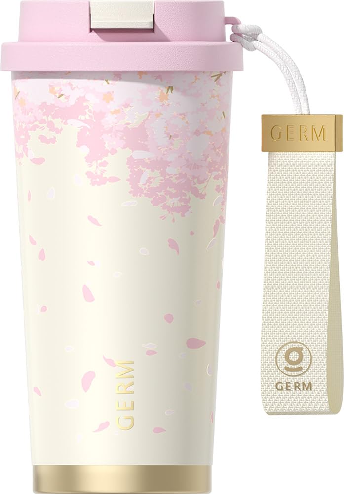 GERM 桜デザイン 保温マグボトル - ステンレス製｜保温保冷効果・漏れ防止｜通勤・運動・旅行に最適二重構造 (ホワイト, 500ml)