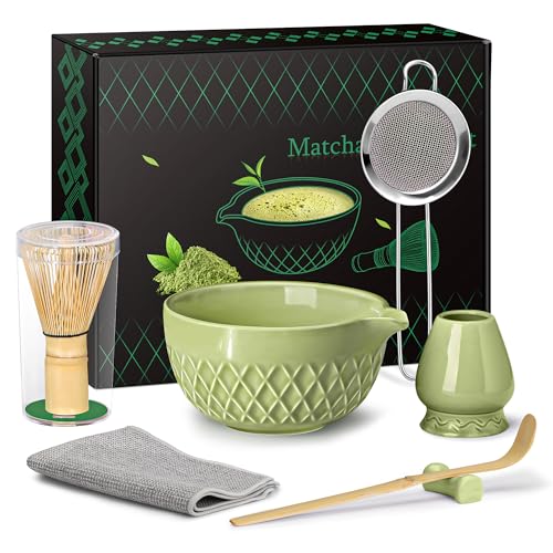 Matcha Whisk Set, 7 Pcs Matcha Kit, Ceramic Matcha Set Includes Matcha Bowl with Spout, Matcha Whisk and Holder, Bamboo Scoop, Scoop Rest, Sifter and Tea Towel (Matcha Green)
