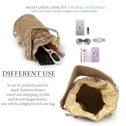 Image of Nevis Silk Fabric Designe Embroidered Potli Bag with Pearl Tassels & Beaded Strap | Bridal Ethnic Drawstring Clutch for Wedding