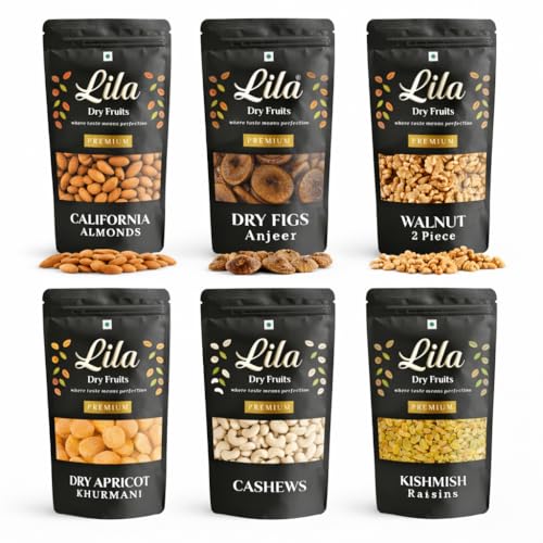 Image of LILA DRY FRUITS Combo Pack Almonds Cashews Walnuts Anjeer Apricots Golden Raisins 100 g x 6 Each | Mixed Dry Fruits Assorted Pack for Daily Use Healthy Snacking Perfect for Gifting
