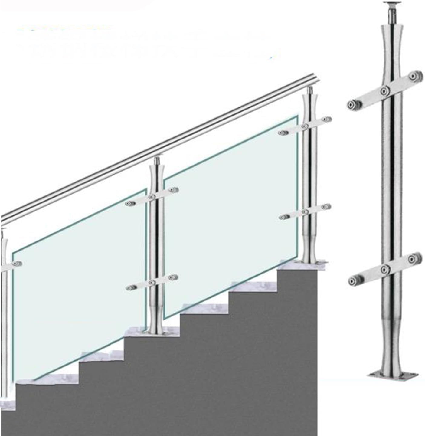 Rampe d'escalier en verre et poteau central inox pour terrasse