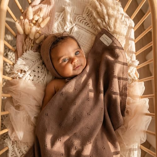 Image of Baby Gift Set - Organic Cotton Newborn Blanket Essentials, Newborn boy Gifts, Baby boy Gifts for Baby Shower (Pointelle - Milk Chocolate)