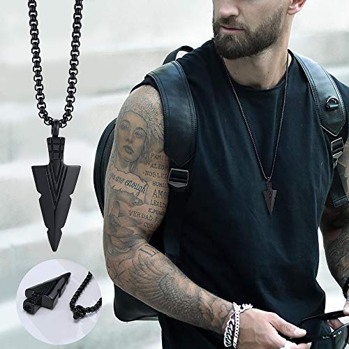 Hisatan Mens Cremation Urn Necklace For Ashes,Stainless Steel Tribal Spearpoint Arrowhead Memorial Pendant,Bereavement Keepsakes Gifts,Black #TOP1