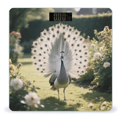 Báscula digital de baño gris y blanca con diseño de pavo real miniatura 1