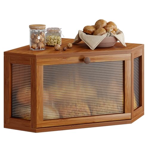 Image of WOWLIVE Corner Bread Box for Kitchen Countertop, Bamboo Bread Storage Container, Large Farmhouse Bread Holder with Acrylic Wavy Door Panel, Multi-functional Container, Caramel