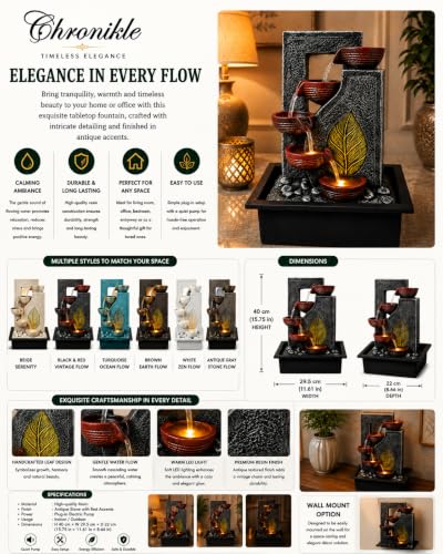 Image of CHRONIKLE Indoor Tabletop Water Fountain with Warm LED Light & Controller Pump | Green Leaf Designer 4 Diya Step Cascade Polyresin Waterfall Fountain for Home, Meditation| Silver Brown | 40x29.5x22 CM
