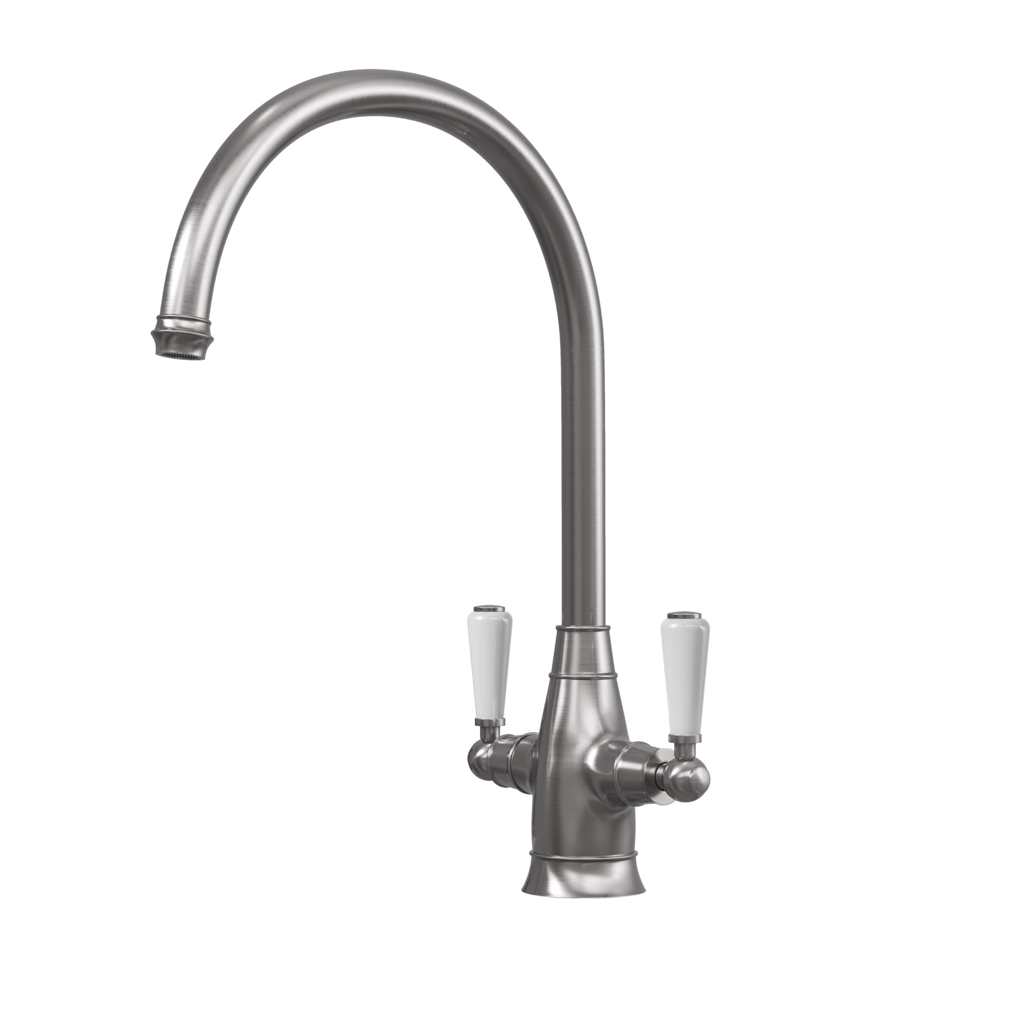 Liquida Silver Os52pt Pewter Swan Neck Twin Lever Traditional Kitchen Mixer Tap