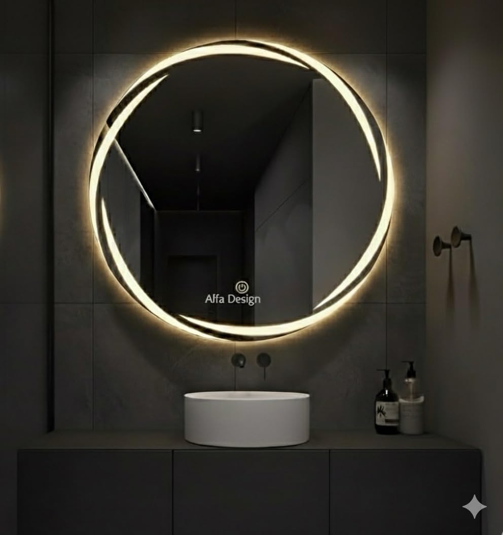 ALFA Design Bathroom 24 x 24 inch LED Mirror, Round Wall Mounted Mirror with 3-Color Dimmable LED Light and Touch Switch, Demister for Bathroom and Living Room