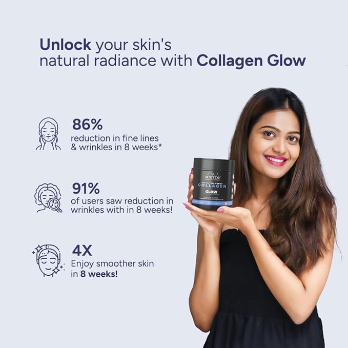 Image of NewYou Collagen Glow Marine Collagen Powder for Skin, Hair & Nail Support | With Glutathione, Biotin, Hyaluronic Acid & Vitamins B Complex, C & E | Supports Skin Hydration & Hair Health | Blueberry Flavour | 150g