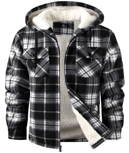 Image of ZITY Men's Flannel Hooded Jacket Fleece Sherpa Lined Plaid Shirts Jackets Zip Up Sweatshirt Hoodies for Men with 4 Pockets