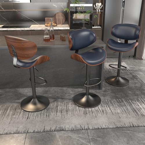 Image of YaFiti Mid Century Modern Bar Stools Set of 3, Counter Height Bar Stools, Barstools with Back for Kitchen Dining Room Bar, Brown Blue
