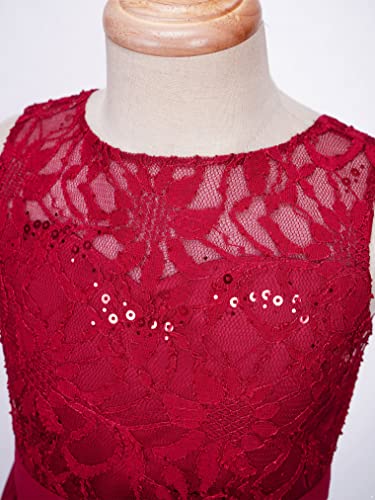 Hularka Kids Girls Sequin Lace Party Dress Sleeveless Junior Bridesmaid Dress Chiffon Hem Princess Dance Gown Burgundy 12 Years #TOP4