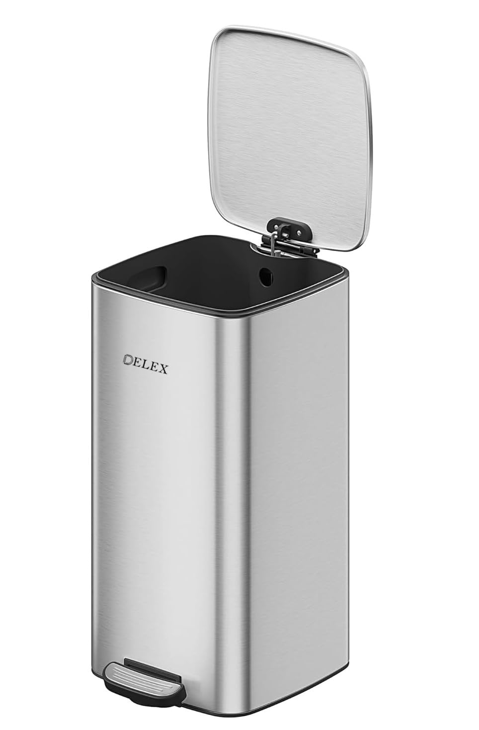 Delex Pedal Bin 30L (8 Gallon), Stainless Steel Kitchen Bin with Soft Close Lid & Stay Open, Removable Inner Bucket