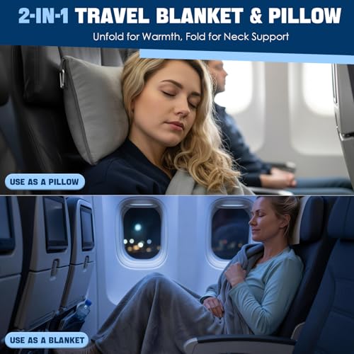 Travel Pillow and Blanket, 2 in 1 Airplane Blanket with Eye Mask and Ear Plugs, Compact Office Blankets, Lightweight & Portable Pillow for Adults, Kids,Long Flights and Trains - Image 4